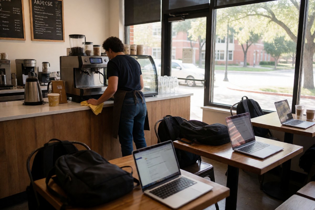 Coffee shop with a barista at the counter and laptops on the tables