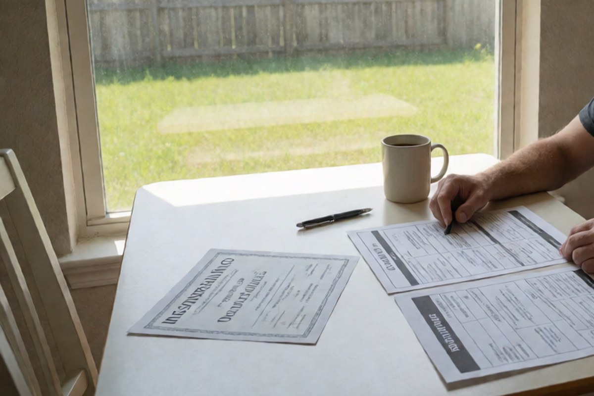 Person reviewing printed forms on a table by a window