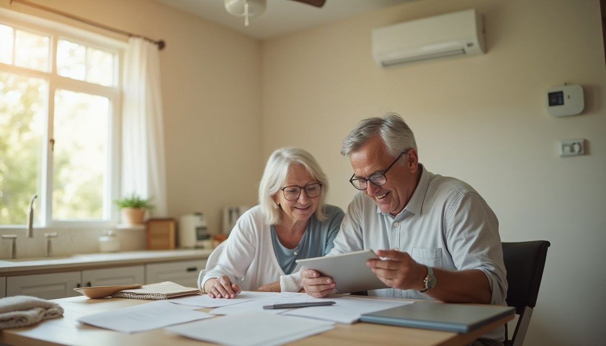 Older couple reviewing papers and a tablet at a kitchen table