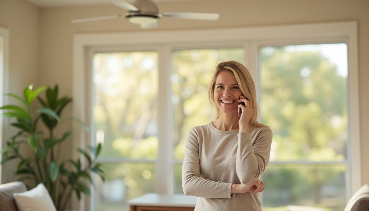 Woman smiling during a phone call in a bright sunroom