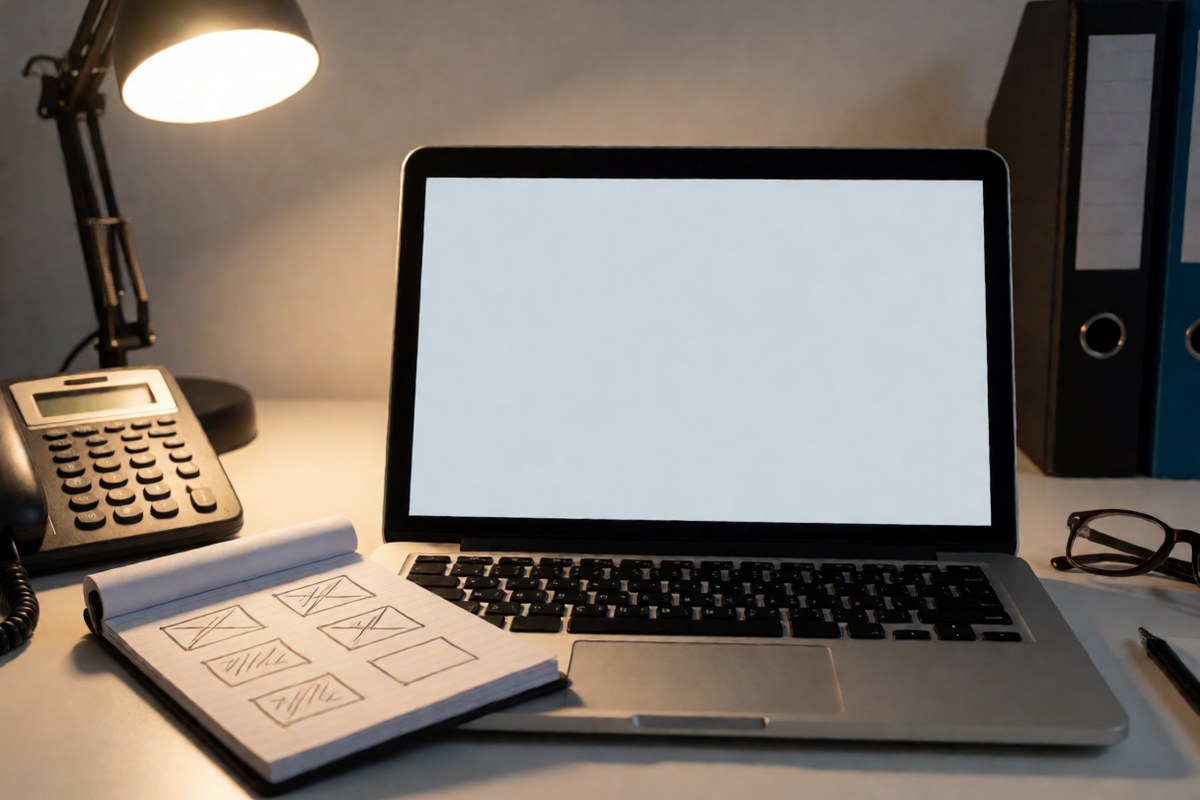Desk with an office phone, a laptop and a sketch pad under a lamp, the kind of front desk an AI receptionist answers for