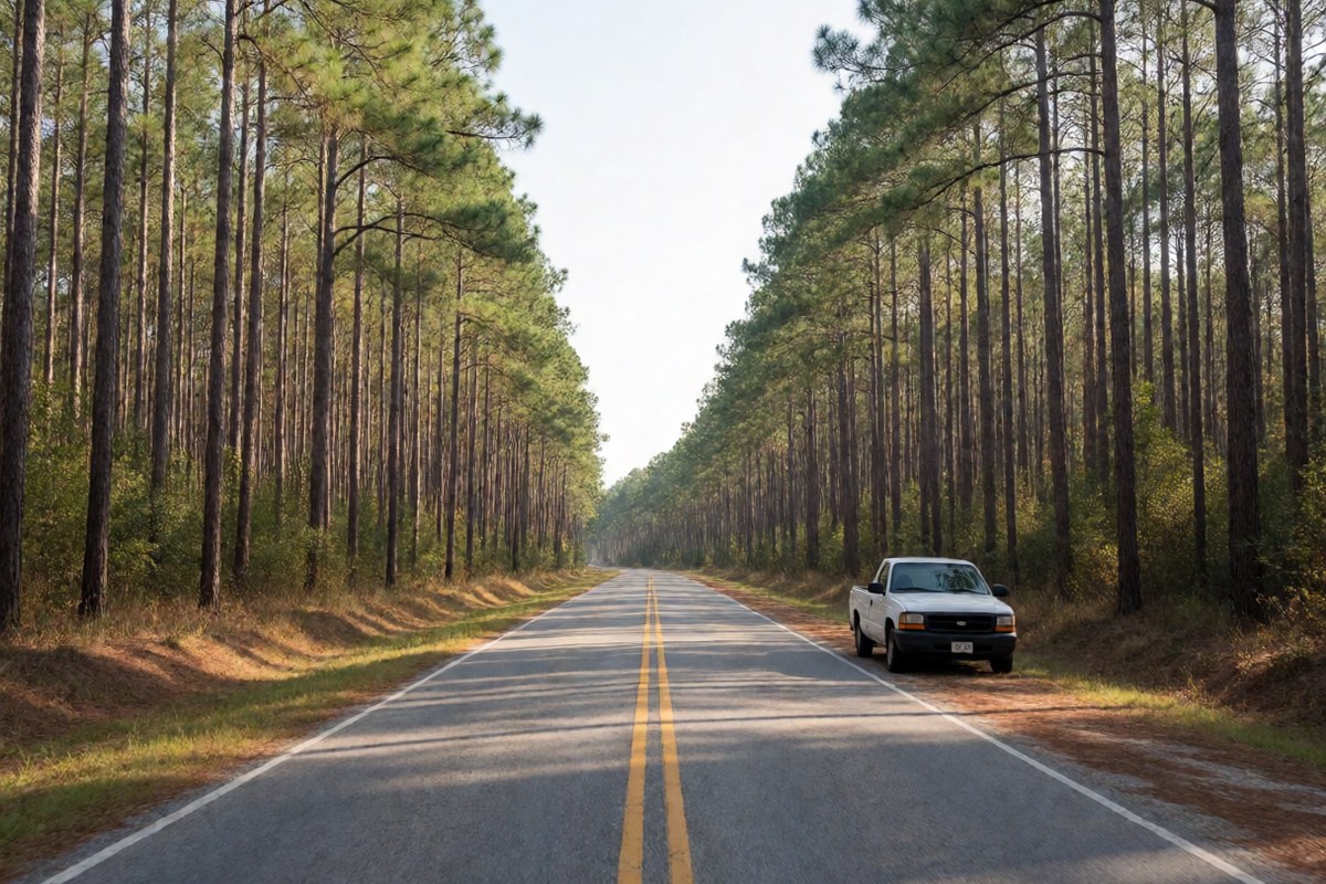 Tall pine trees along a quiet road in the East Texas woods
