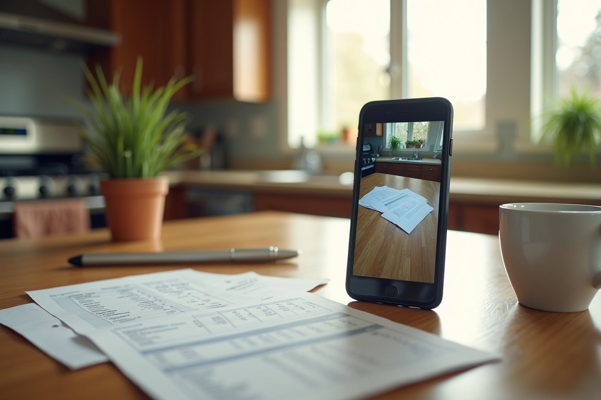Phone propped up on a kitchen table beside printed pages and a coffee mug