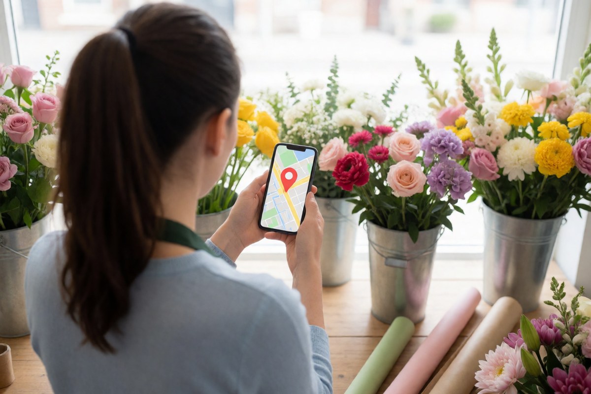 Florist looking at a map on her phone among buckets of fresh flowers