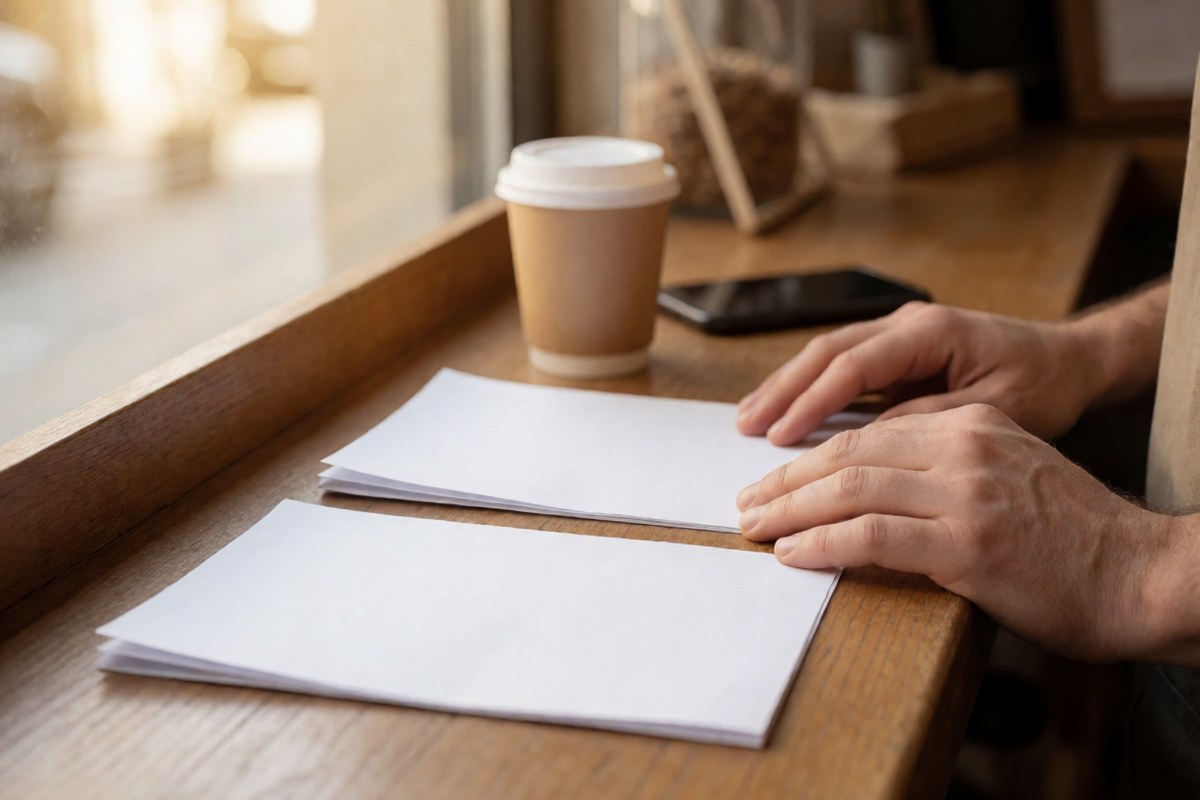 Hands resting on printed pages at a counter next to a coffee cup and a phone