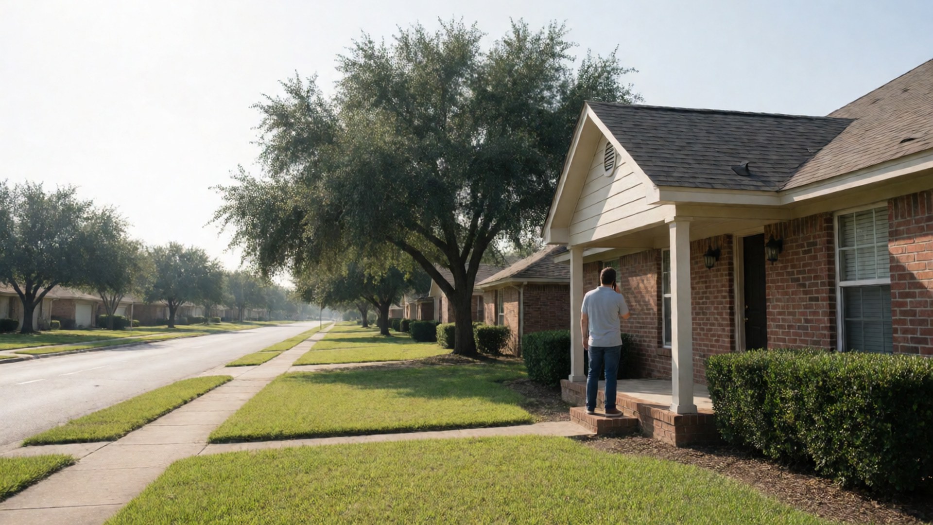 Man on a phone call on the front walk of a brick home on a tree-lined street