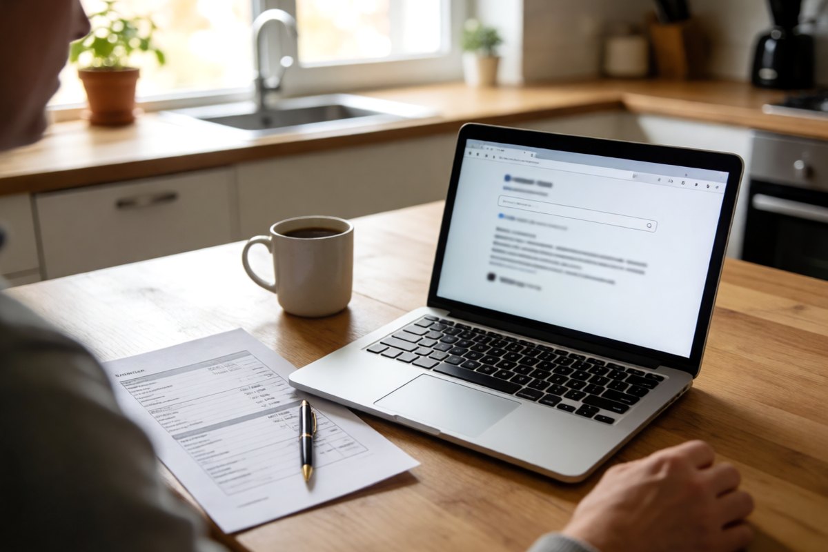 Laptop and paperwork on a kitchen table with a coffee cup