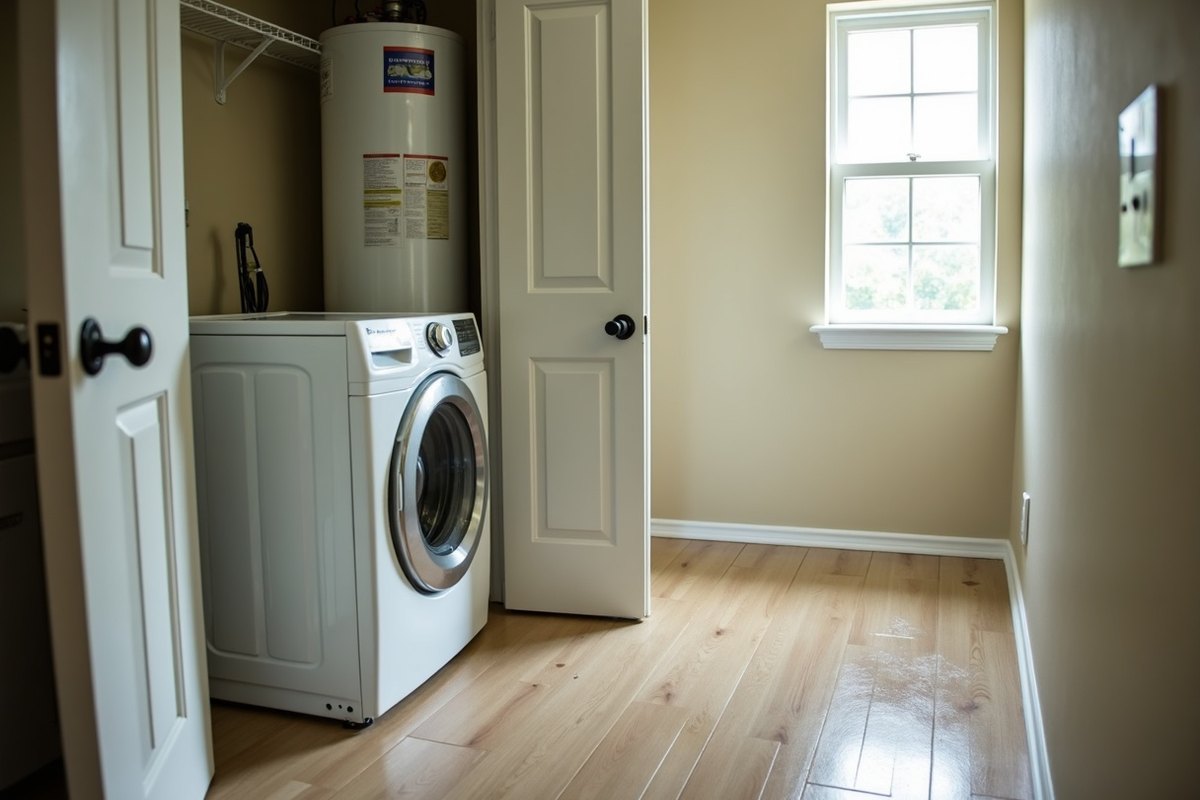 Laundry room with a front-load washer and a tank water heater