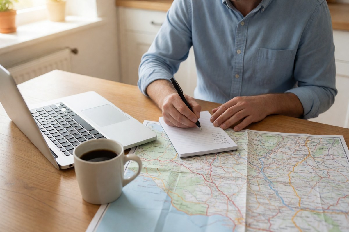 Person writing notes over a road map beside a laptop and a coffee