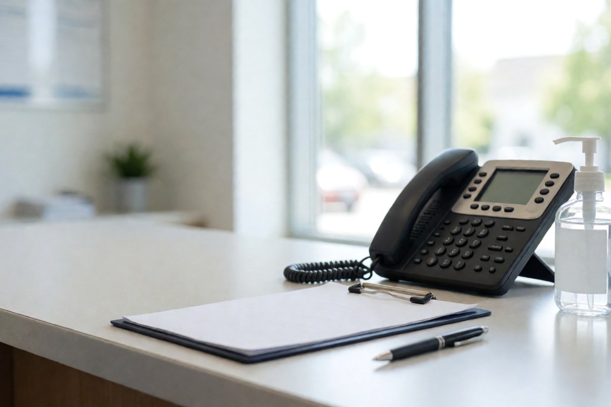 Medical office check-in desk with a phone, a clipboard and hand sanitizer