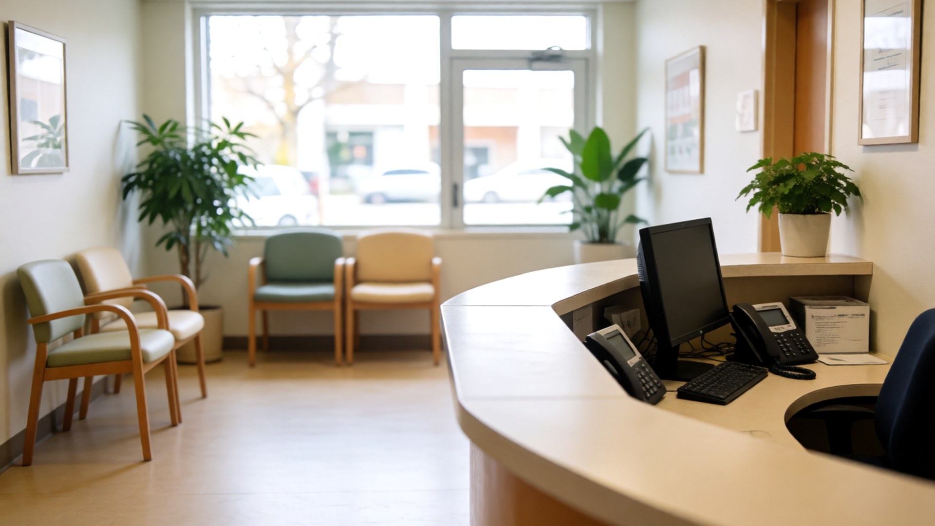 Clean medical office reception desk with a phone and a quiet waiting area