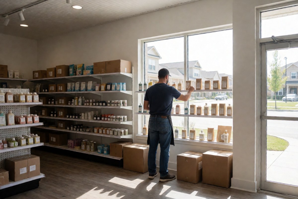 Owner arranging stock on the shelves of a new store