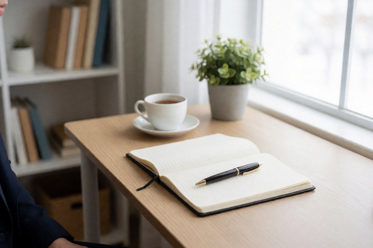Open notebook and pen on a desk by a window, with a coffee cup and a plant