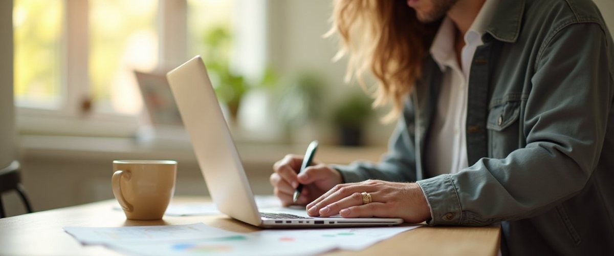 Person writing notes beside a laptop and a coffee cup