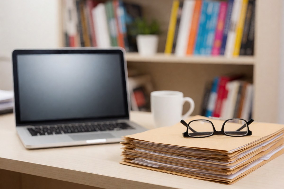 Laptop, a stack of file folders and reading glasses on an office desk, the kind of desk where AI receptionist pricing gets compared
