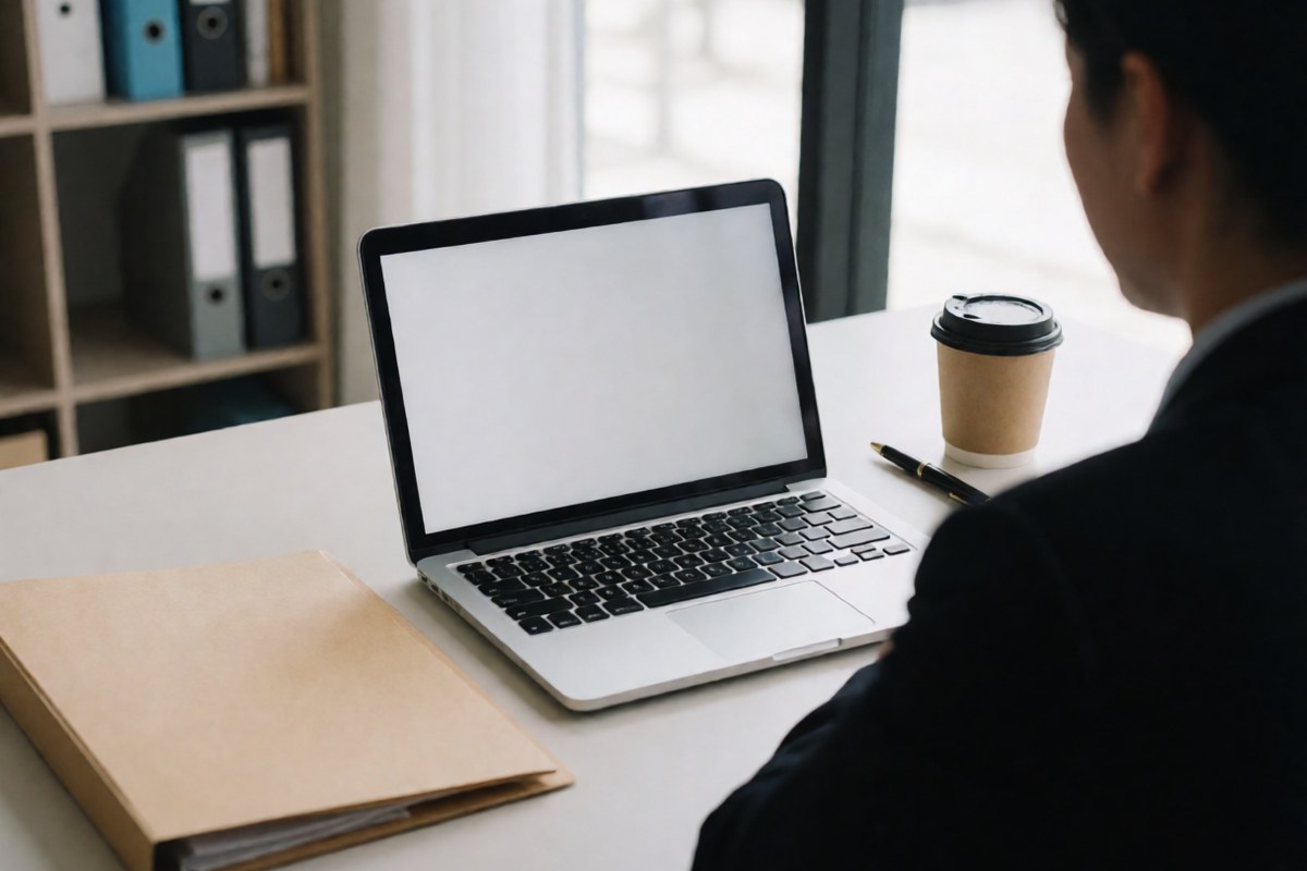 Person at an office desk with a laptop, folders and a coffee