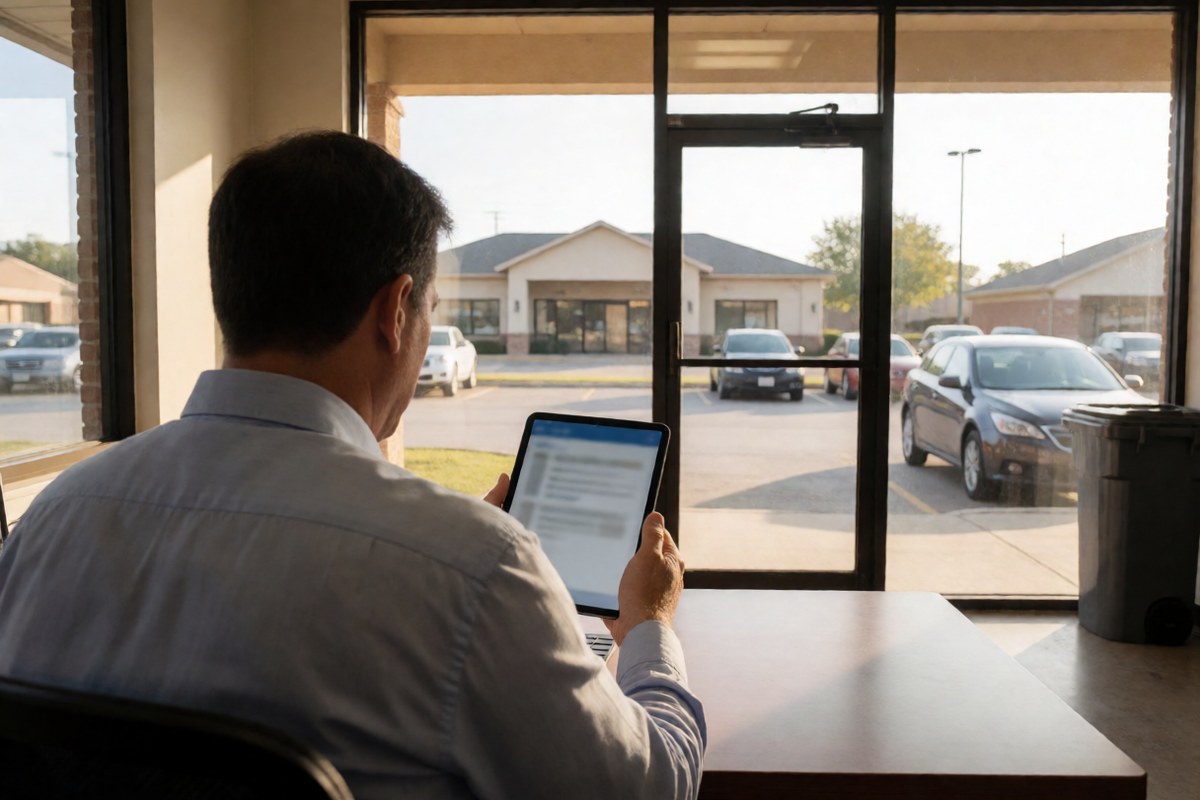 Man reading a tablet at a desk by the glass front of a small office