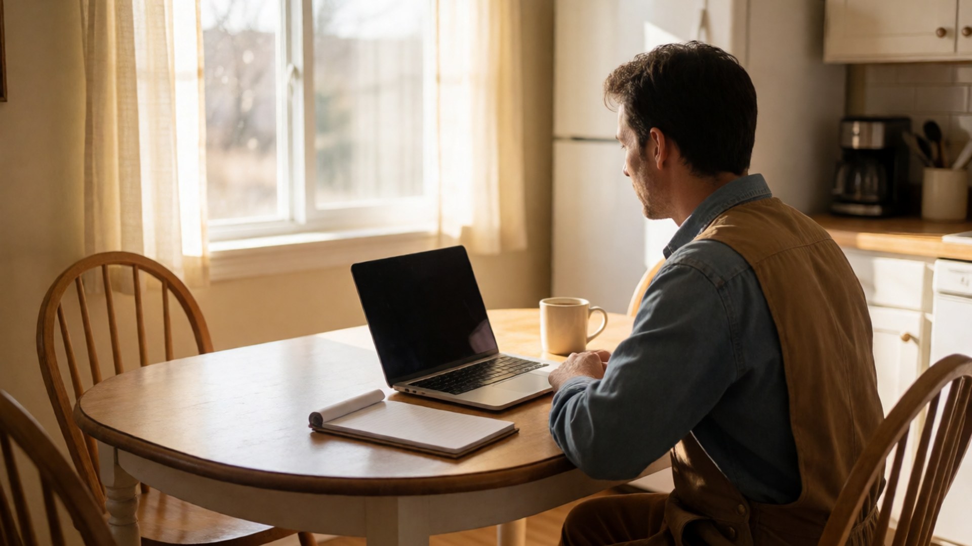 Small business owner in a work vest at a kitchen table with a laptop and notebook