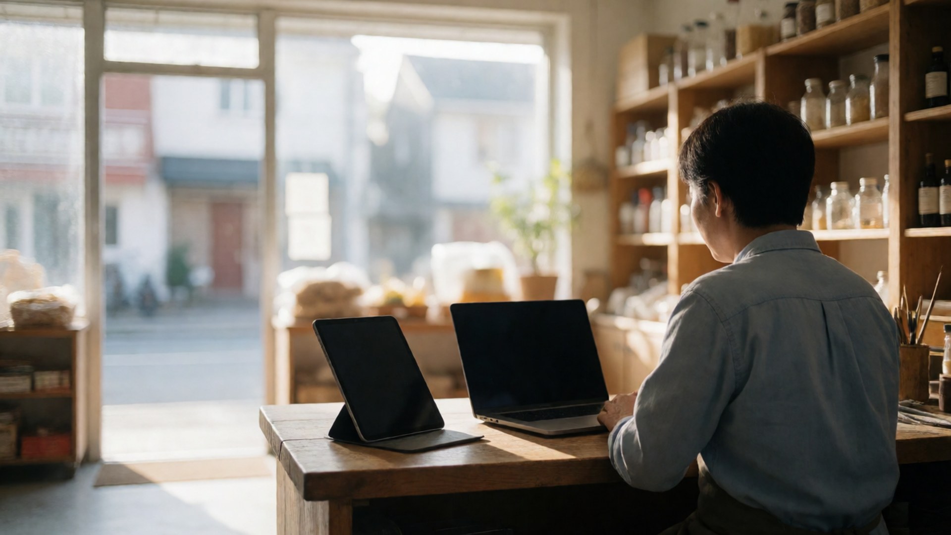 Owner working on a laptop and tablet at a counter by the front window of a shop