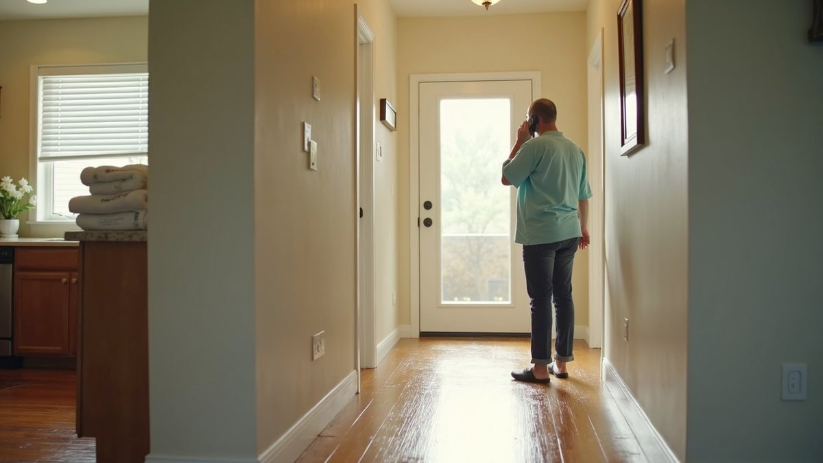 Person on a phone call walking down a hallway toward the back door