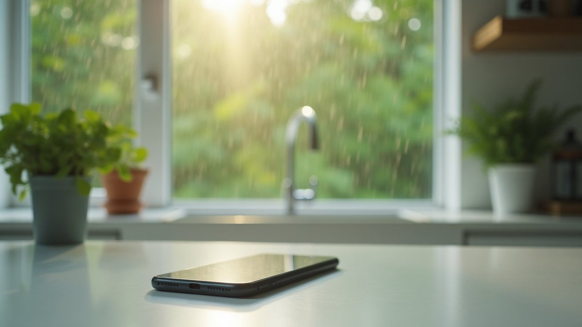 Phone lying on a kitchen counter in front of a rainy window