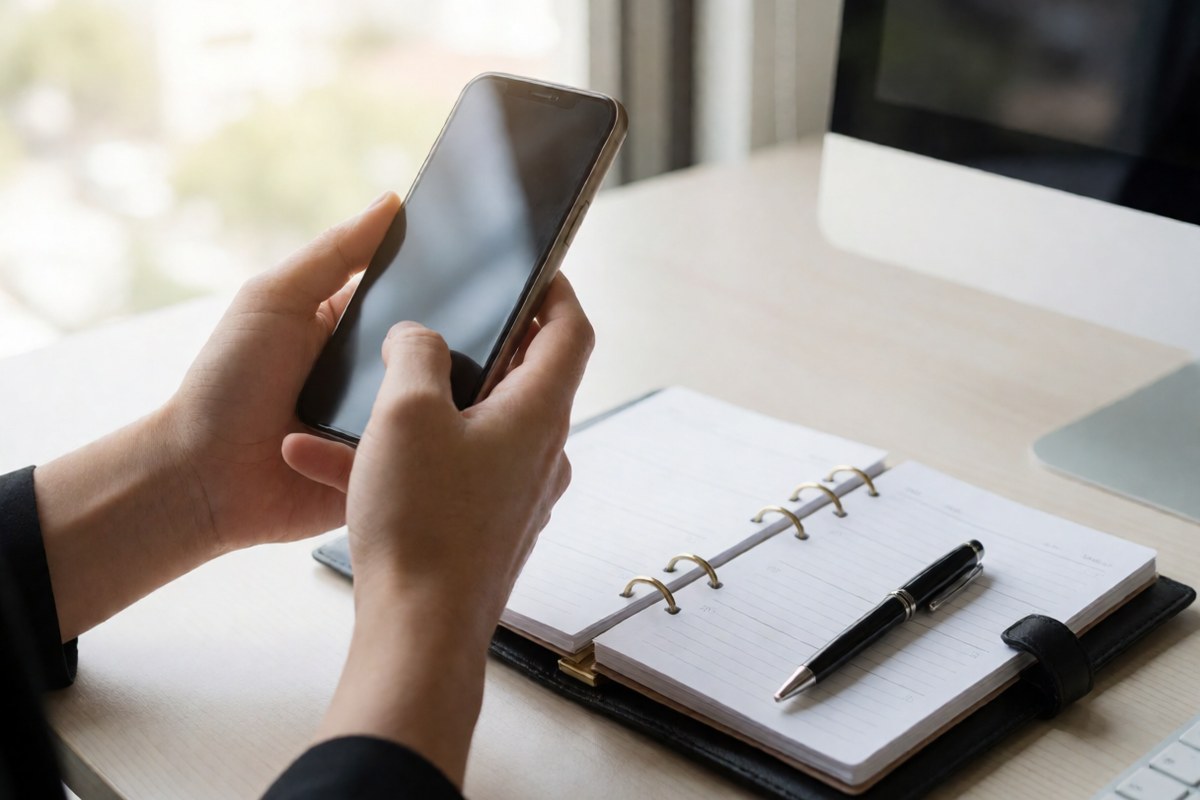 Hands holding a phone over an open planner on a desk