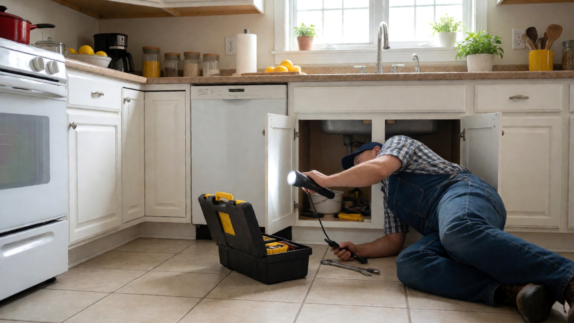 Plumber working under a kitchen sink with a flashlight and tools