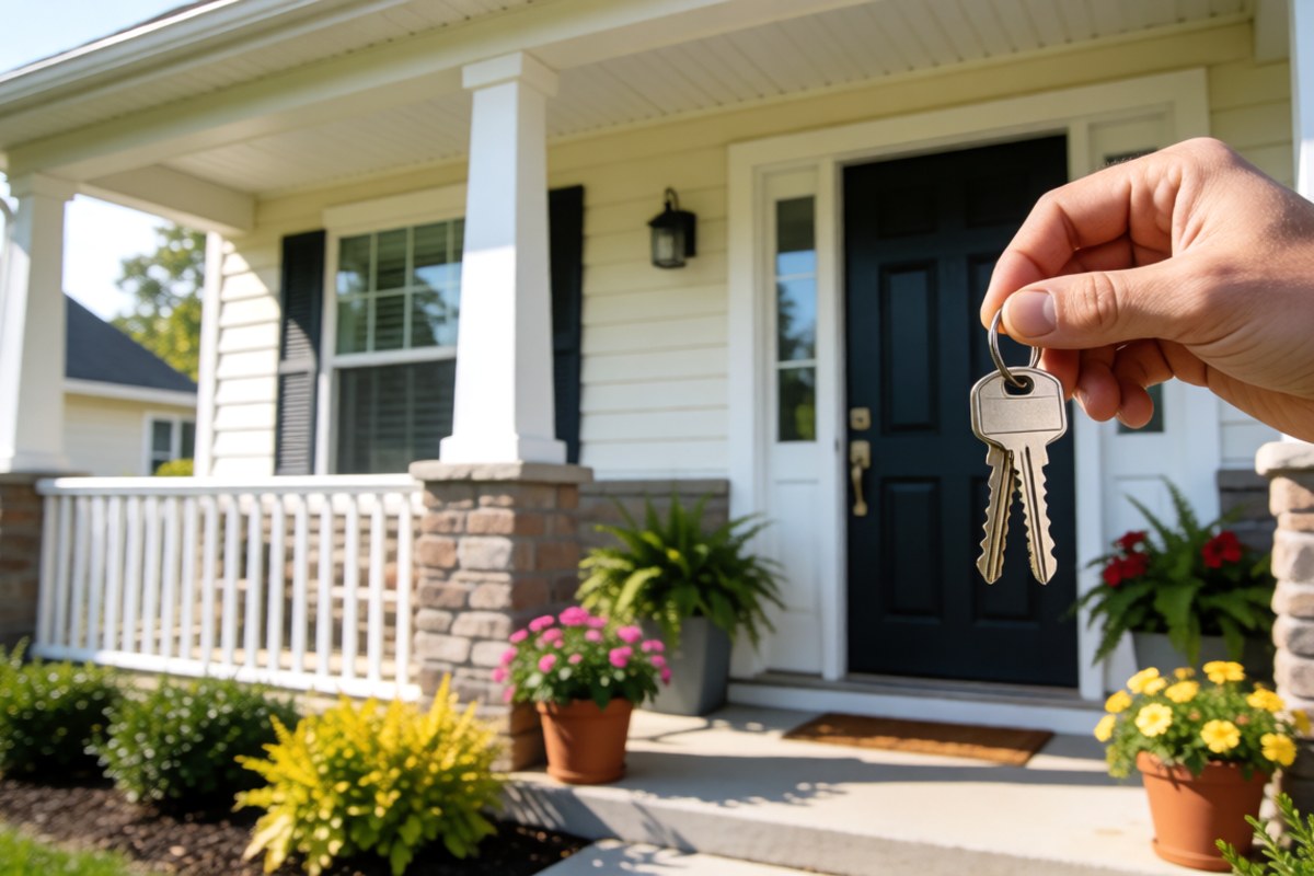Hand holding house keys in front of the door of a home for sale