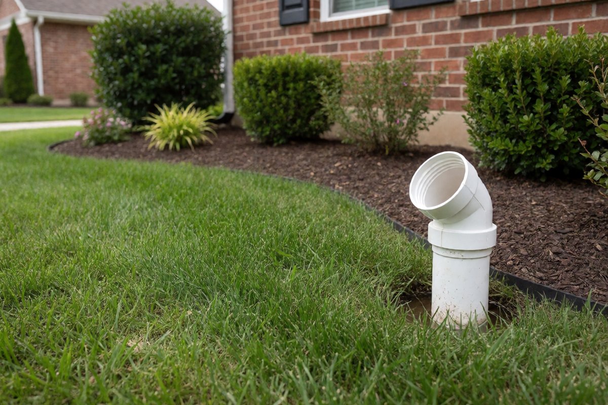 White sewer cleanout pipe in a front yard flower bed