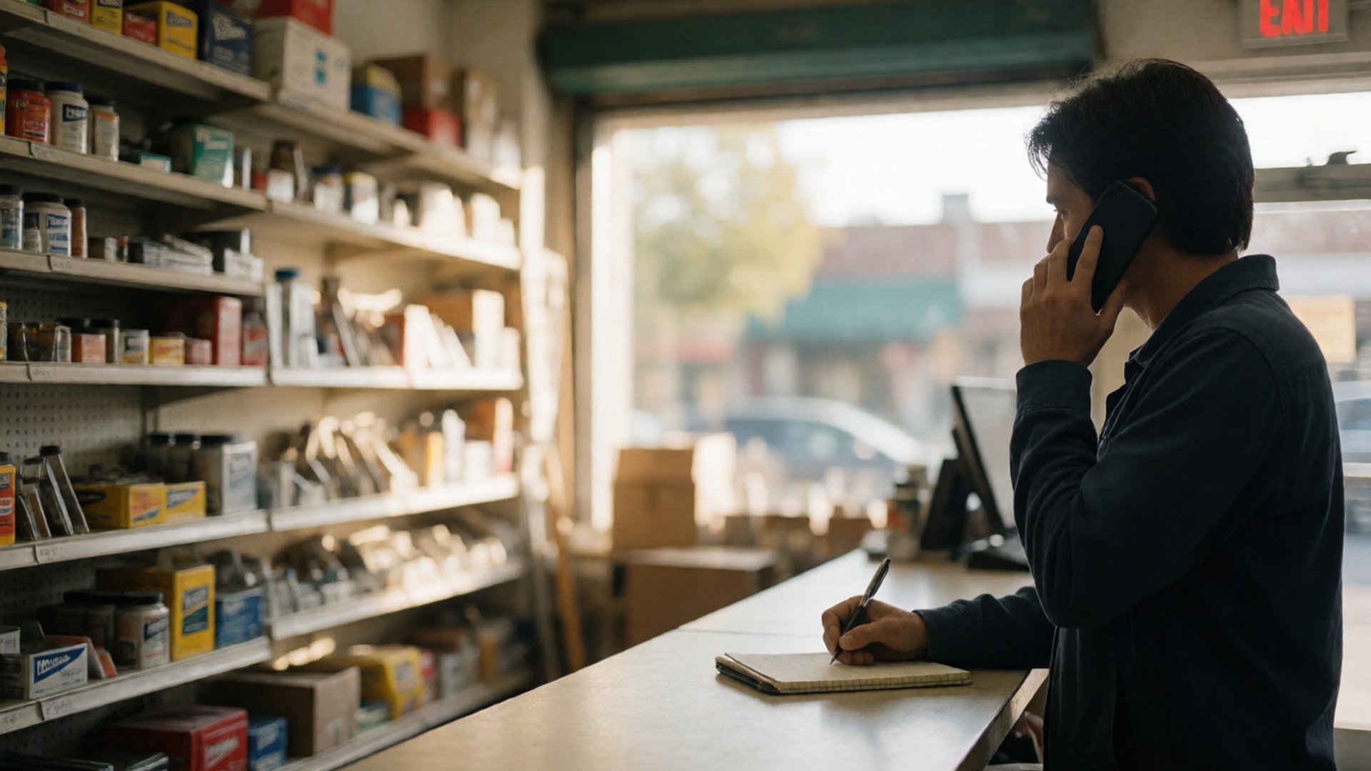 Store owner on a phone call, writing notes at the counter of a small shop