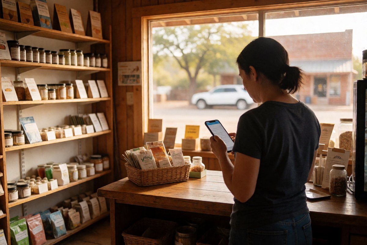 Shop owner checking her phone among shelves of packaged goods