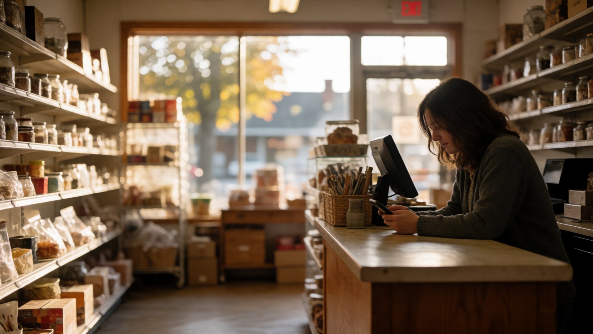 Woman at a shop counter looking at a tablet, shelves of goods behind her