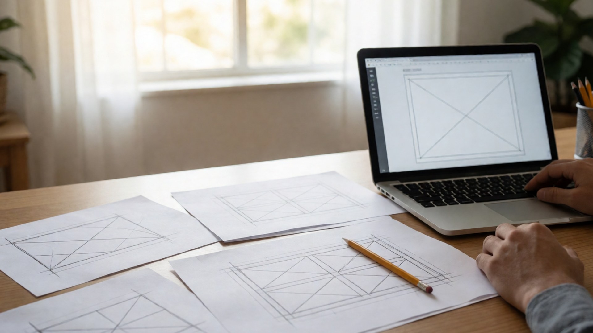 Hand-drawn sketches spread on a desk beside a laptop
