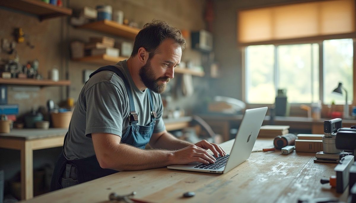 Tradesman in overalls typing on a laptop at his workshop bench