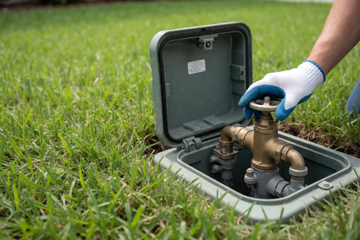 Gloved hand turning a brass water shutoff valve in a ground box