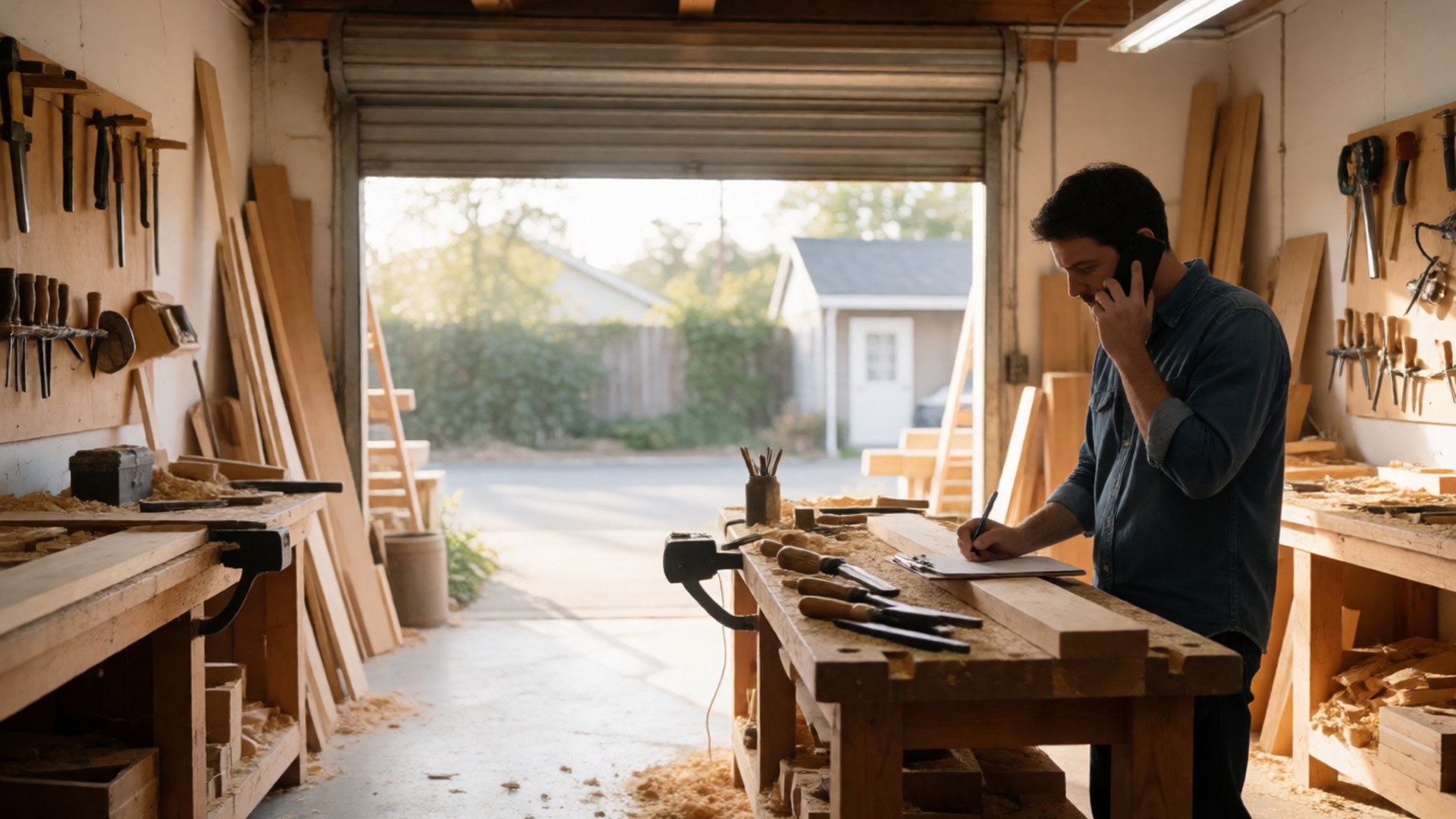 Woodworker on a phone call at his workbench with the garage door open behind him